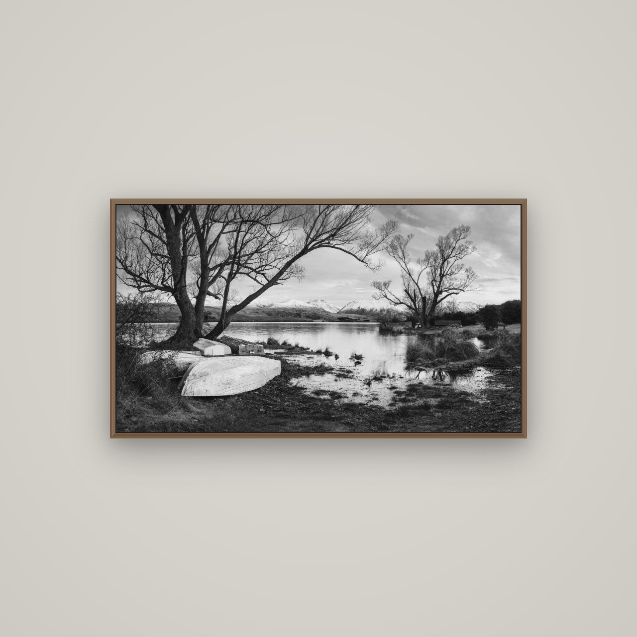 Nature's Window, Sunrise at Lake Alexandrina, Basel Walnut, 107×60 cm. New Zealand fine art wall art by Stephen Milner.