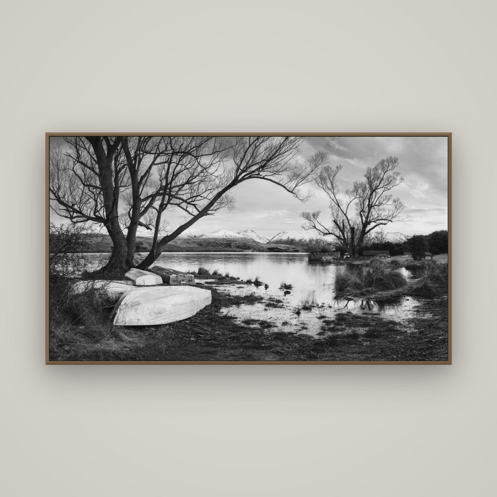 Nature's Window, Sunrise at Lake Alexandrina, Basel Walnut, 160×90 cm. New Zealand fine art wall art by Stephen Milner.