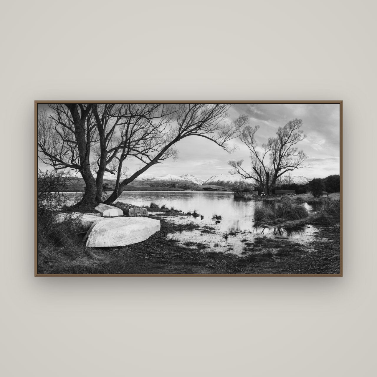 Nature's Window, Sunrise at Lake Alexandrina, Basel Walnut, 160×90 cm. New Zealand fine art wall art by Stephen Milner.