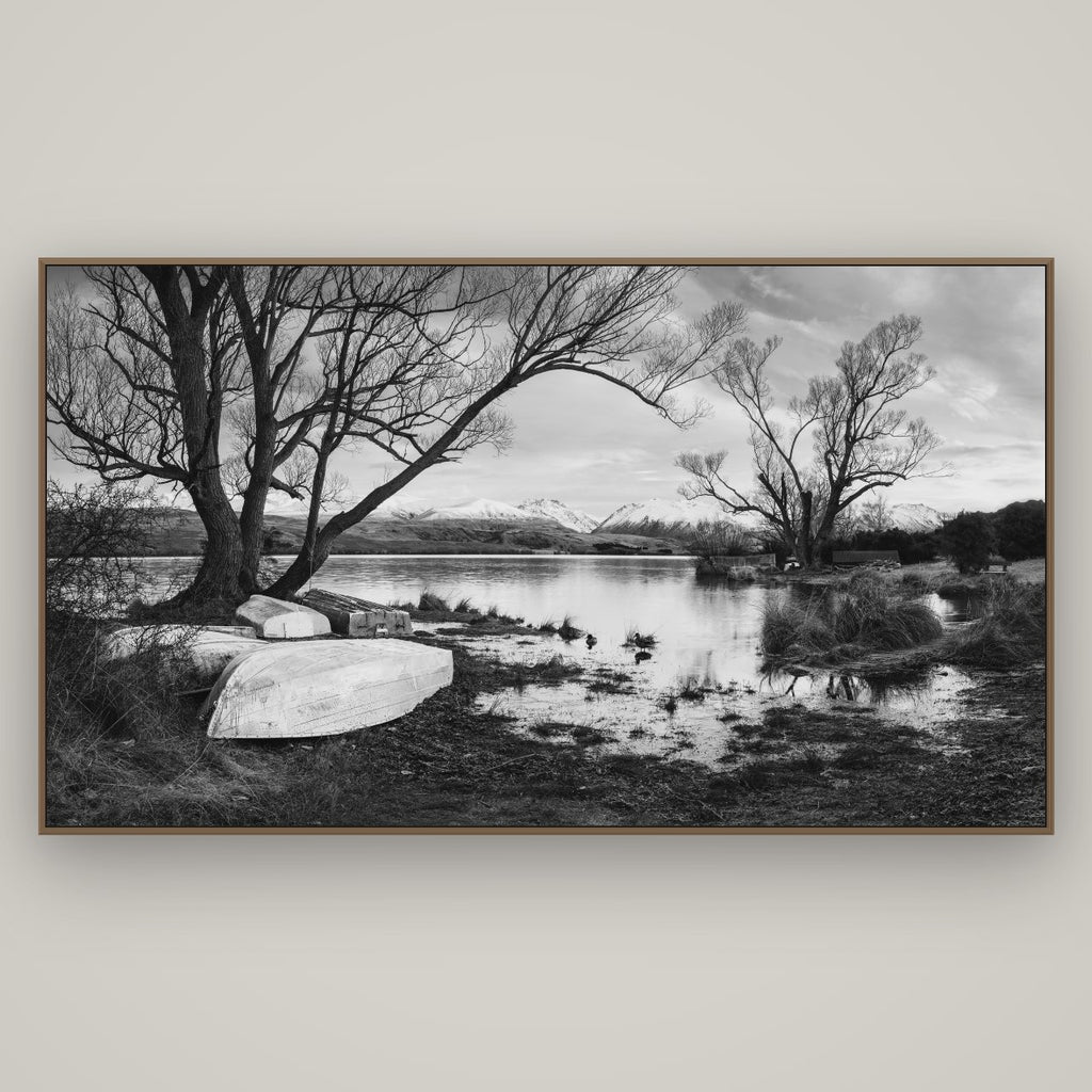 Nature's Window, Sunrise at Lake Alexandrina, Basel Walnut, 196×110 cm. New Zealand fine art wall art by Stephen Milner.