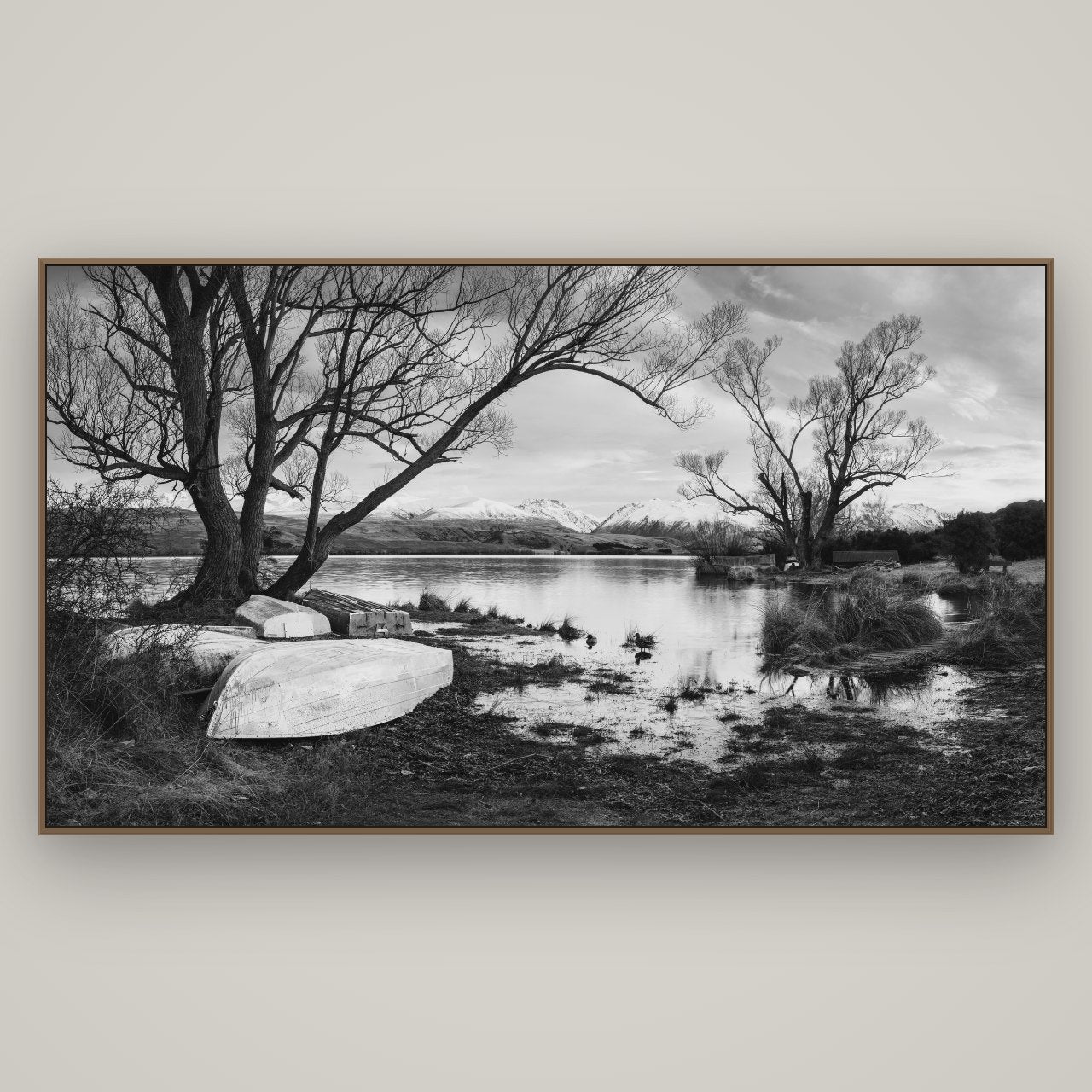 Nature's Window, Sunrise at Lake Alexandrina, Basel Walnut, 196×110 cm. New Zealand fine art wall art by Stephen Milner.