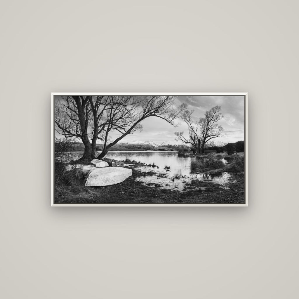 Nature's Window, Sunrise at Lake Alexandrina — Basel White, 107×60 cm. New Zealand fine art wall art by Stephen Milner.