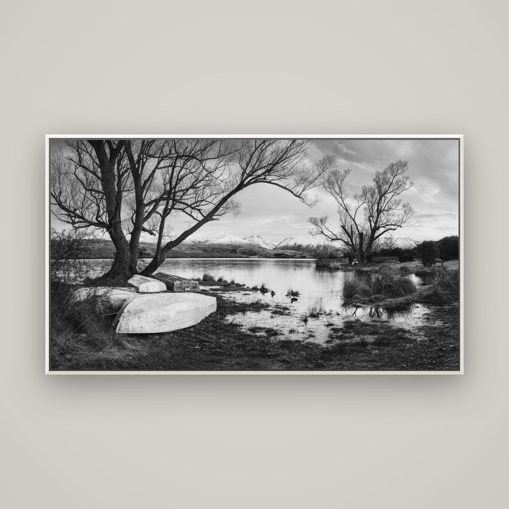 Nature's Window, Sunrise at Lake Alexandrina — Basel White, 160×90 cm. New Zealand fine art wall art by Stephen Milner.