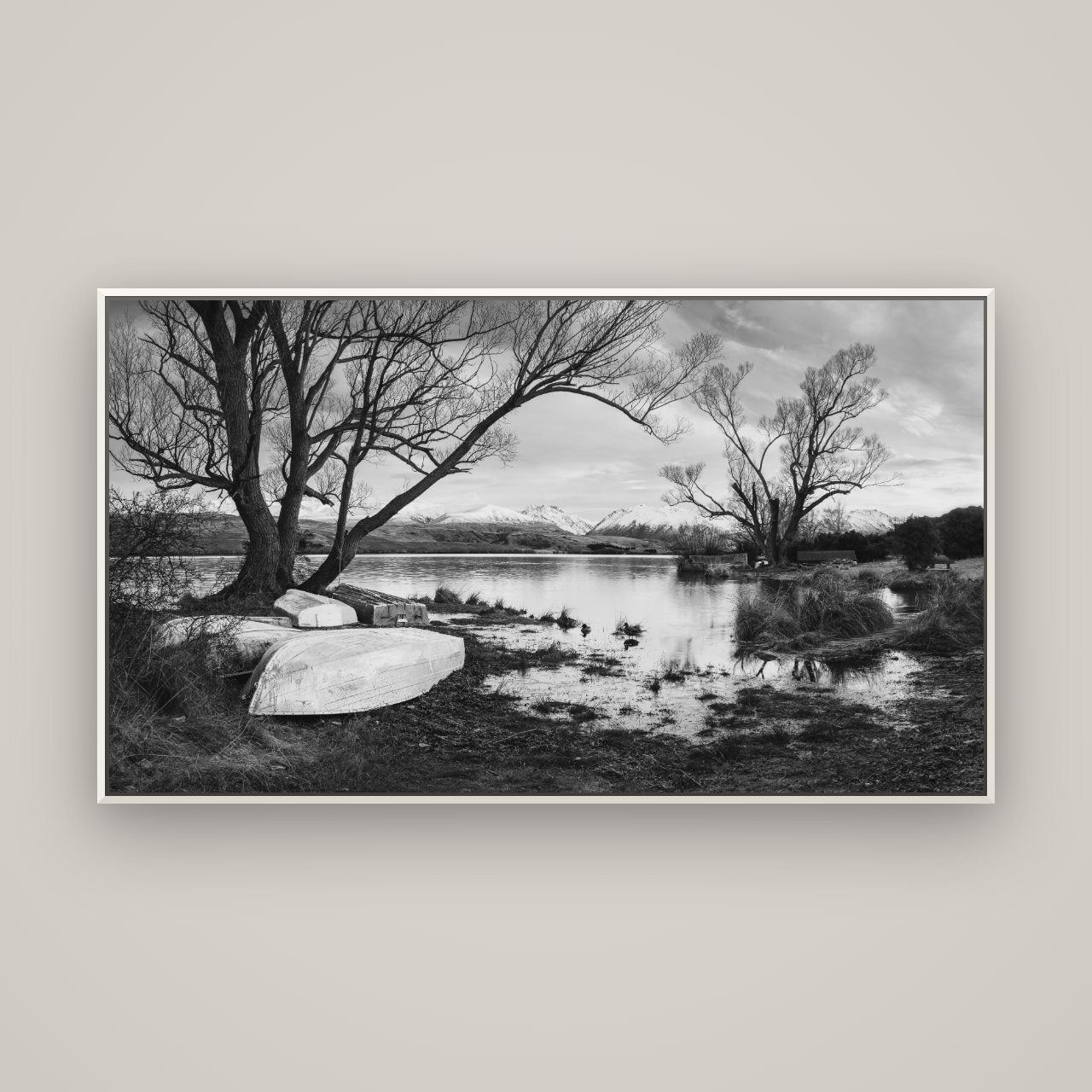 Nature's Window, Sunrise at Lake Alexandrina — Basel White, 160×90 cm. New Zealand fine art wall art by Stephen Milner.