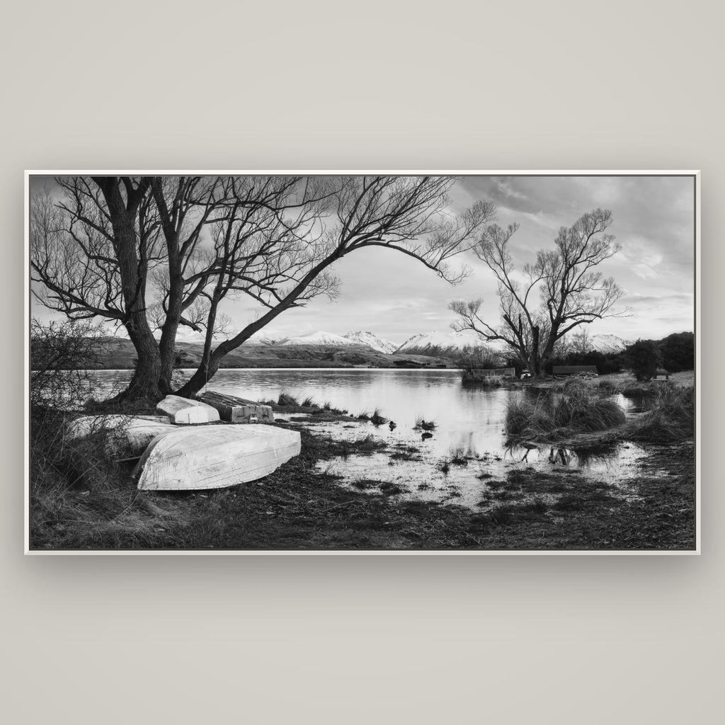 Nature's Window, Sunrise at Lake Alexandrina — Basel White, 196×110 cm. New Zealand fine art wall art by Stephen Milner.