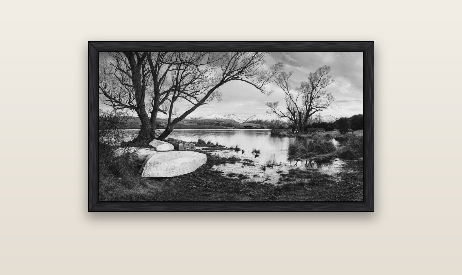 Nature's Window, Sunrise at Lake Alexandrina — black float frame canvas, 102 × 56 cm. New Zealand fine art landscape wall art by Stephen Milner.