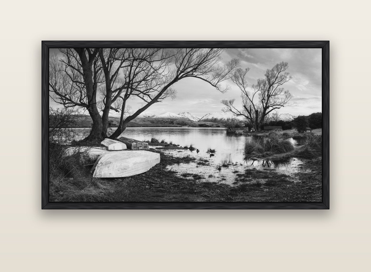 Nature's Window, Sunrise at Lake Alexandrina — black float frame canvas, 152 × 86 cm. New Zealand fine art landscape wall art by Stephen Milner.