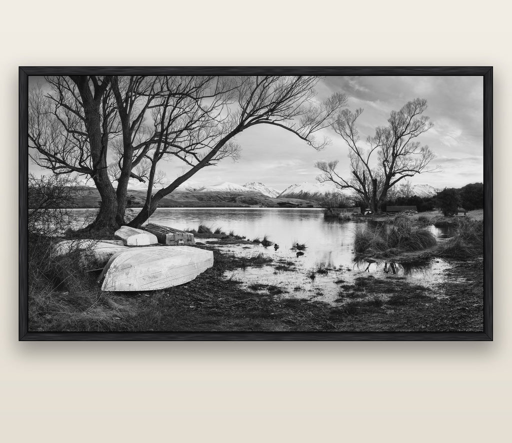 Nature's Window, Sunrise at Lake Alexandrina — black float frame canvas, 200 × 130 cm. New Zealand fine art landscape wall art by Stephen Milner.