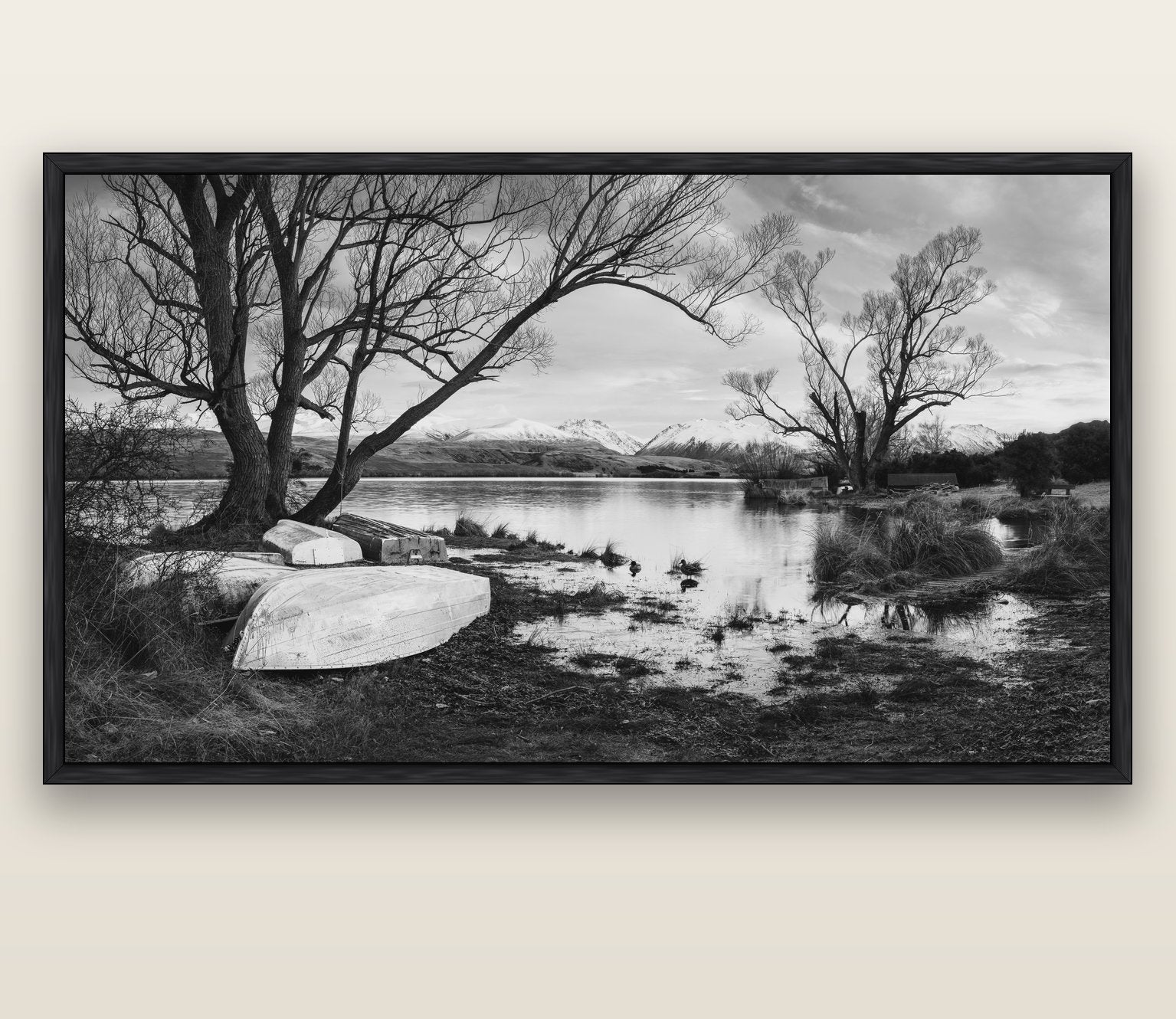 Nature's Window, Sunrise at Lake Alexandrina — black float frame canvas, 200 × 130 cm. New Zealand fine art landscape wall art by Stephen Milner.