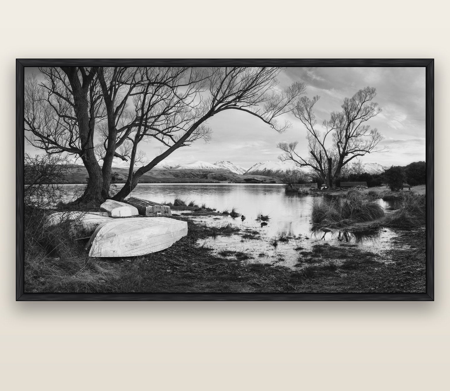 Nature's Window, Sunrise at Lake Alexandrina — black float frame canvas, 201 × 99 cm. New Zealand fine art landscape wall art by Stephen Milner.