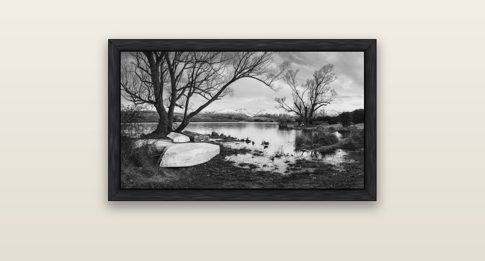 Nature's Window, Sunrise at Lake Alexandrina — black float frame canvas, 81 × 46 cm. New Zealand fine art landscape wall art by Stephen Milner.