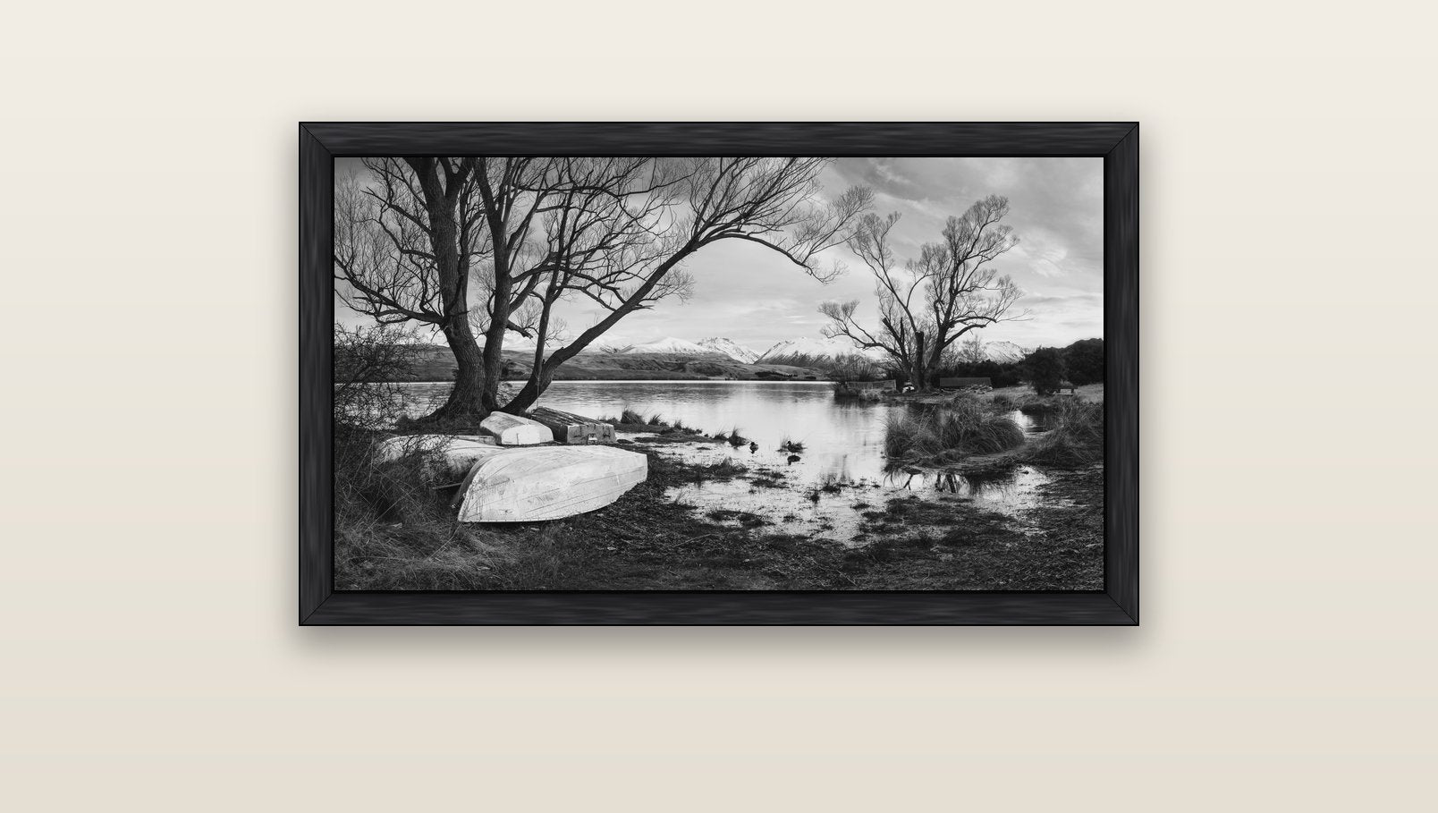 Nature's Window, Sunrise at Lake Alexandrina — black float frame canvas, 91 × 51 cm. New Zealand fine art landscape wall art by Stephen Milner.