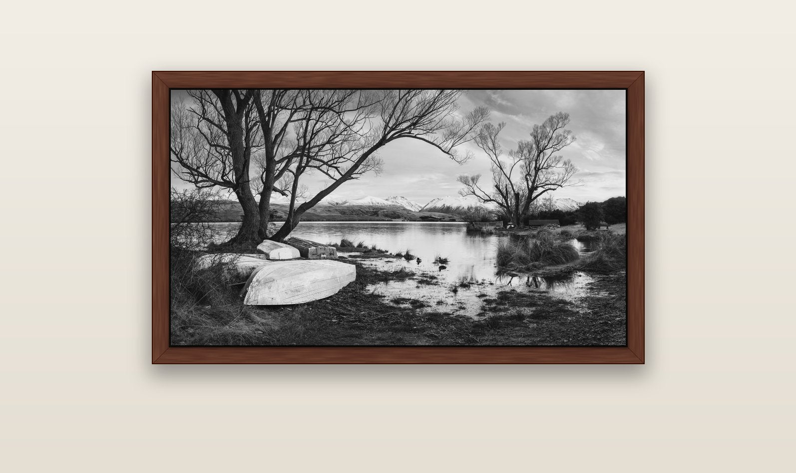 Nature's Window, Sunrise at Lake Alexandrina — brown float frame canvas, 102 × 56 cm. New Zealand fine art landscape wall art by Stephen Milner.