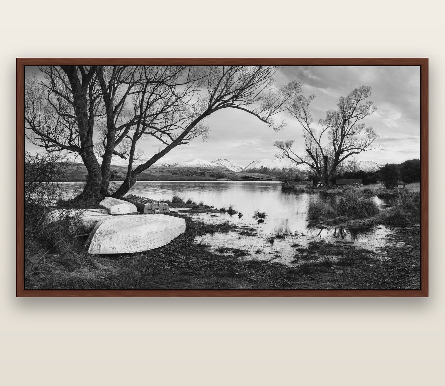 Nature's Window, Sunrise at Lake Alexandrina — brown float frame canvas, 200 × 130 cm. New Zealand fine art landscape wall art by Stephen Milner.