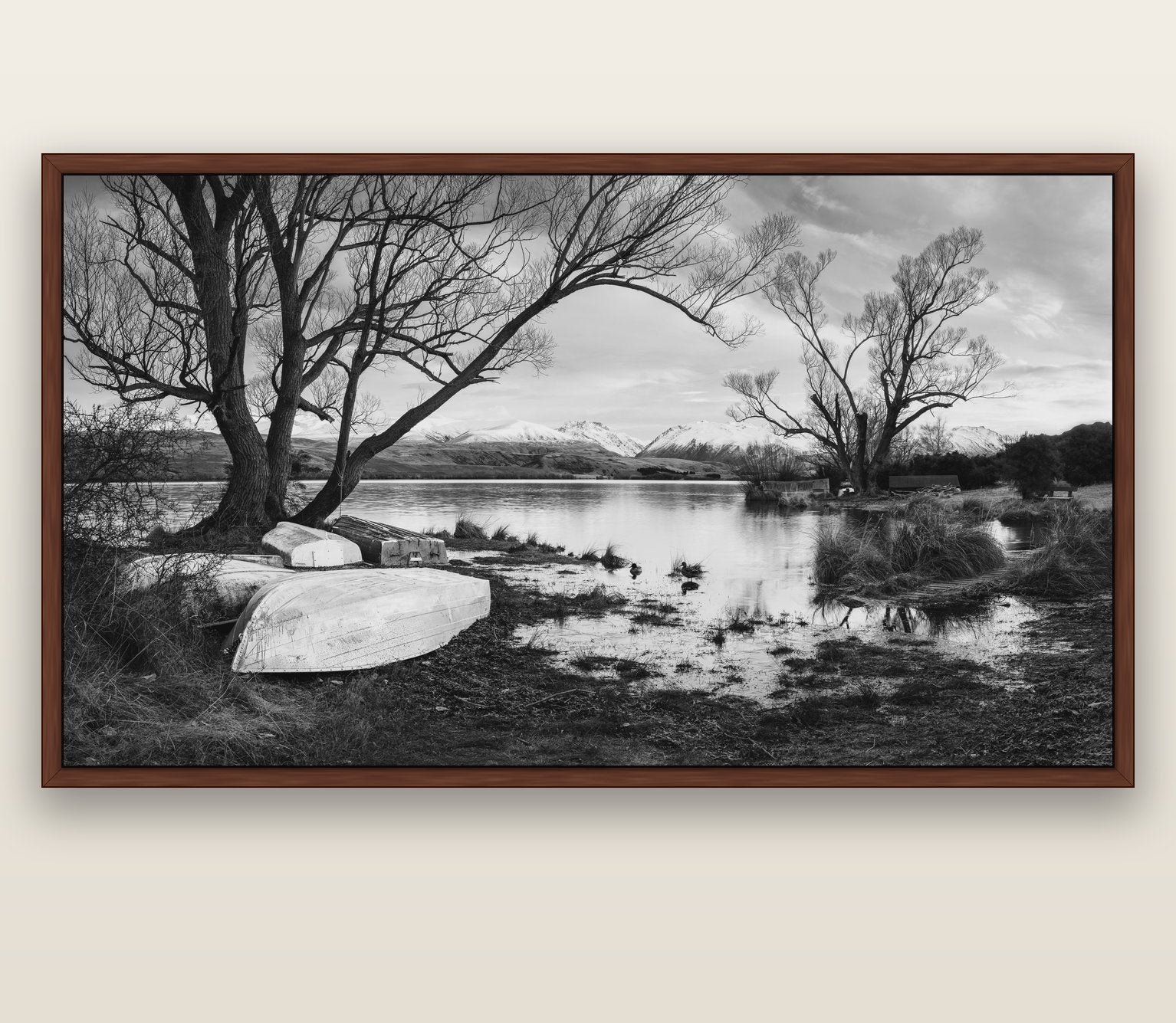 Nature's Window, Sunrise at Lake Alexandrina — brown float frame canvas, 201 × 99 cm. New Zealand fine art landscape wall art by Stephen Milner.