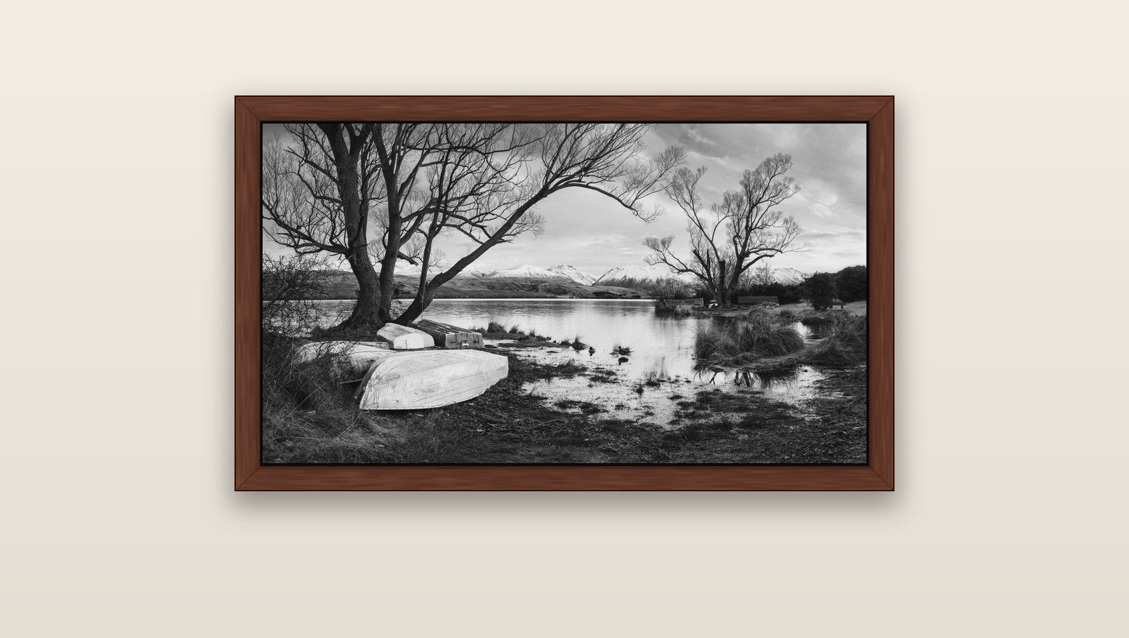 Nature's Window, Sunrise at Lake Alexandrina — brown float frame canvas, 91 × 51 cm. New Zealand fine art landscape wall art by Stephen Milner.
