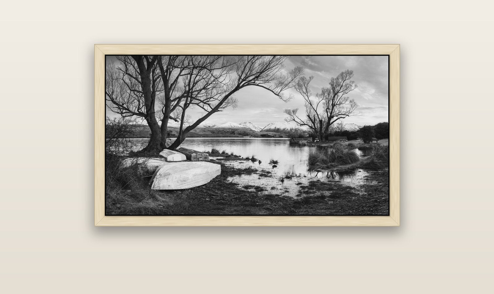 Nature's Window, Sunrise at Lake Alexandrina — natural float frame canvas, 102 × 56 cm. New Zealand fine art landscape wall art by Stephen Milner.
