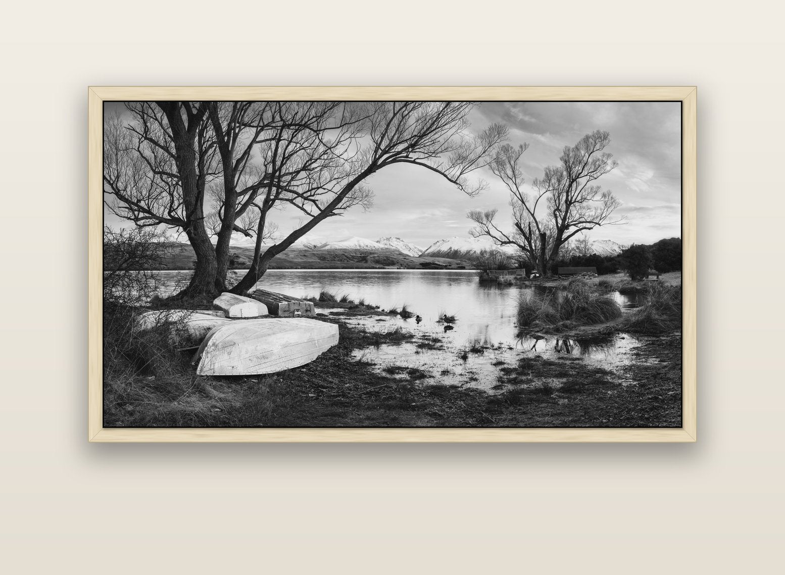 Nature's Window, Sunrise at Lake Alexandrina — natural float frame canvas, 152 × 86 cm. New Zealand fine art landscape wall art by Stephen Milner.