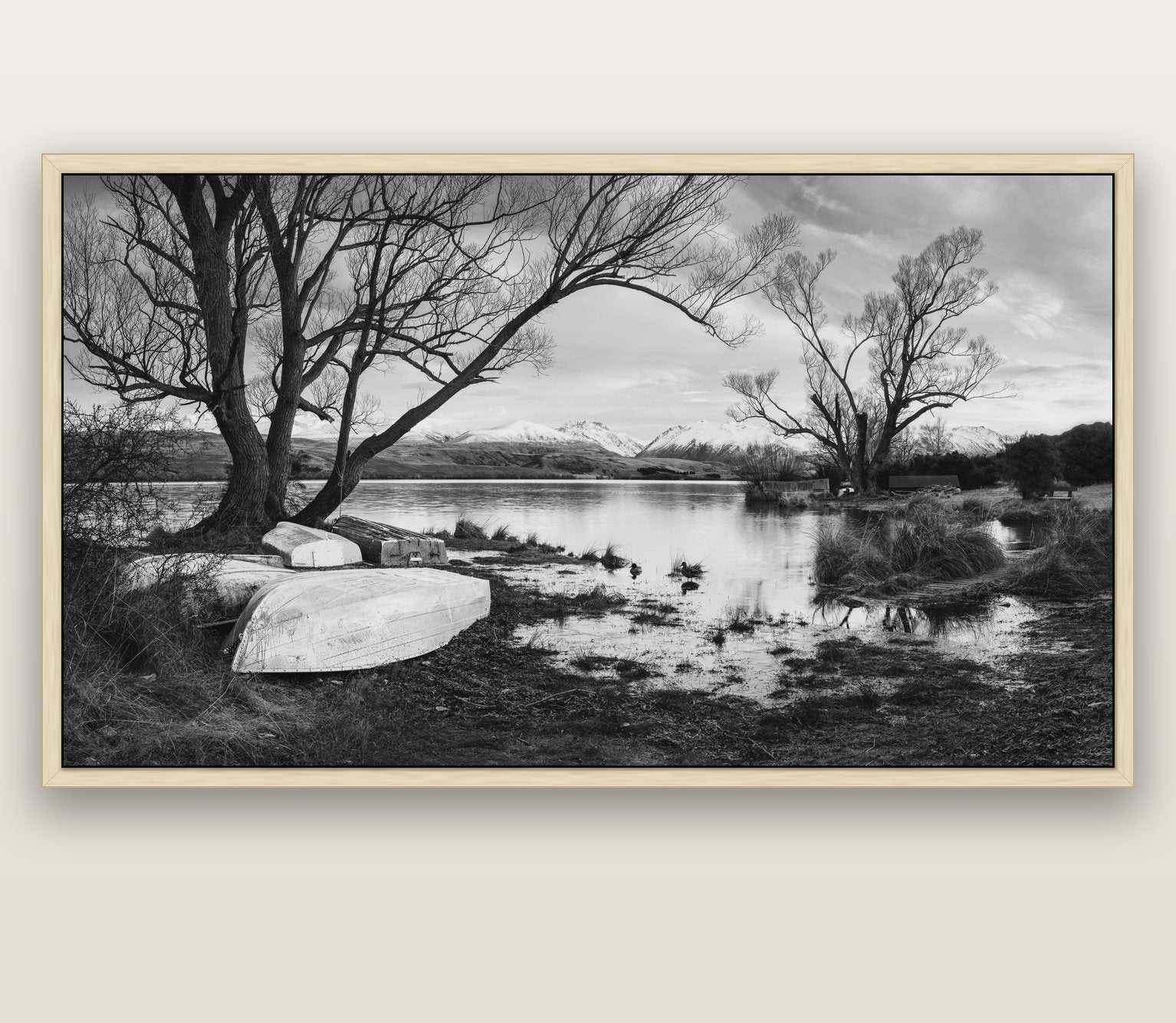 Nature's Window, Sunrise at Lake Alexandrina — natural float frame canvas, 201 × 99 cm. New Zealand fine art landscape wall art by Stephen Milner.