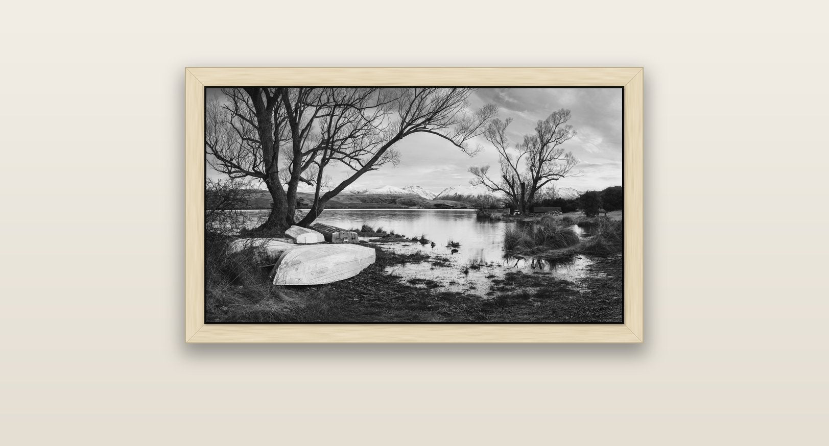 Nature's Window, Sunrise at Lake Alexandrina — natural float frame canvas, 81 × 46 cm. New Zealand fine art landscape wall art by Stephen Milner.
