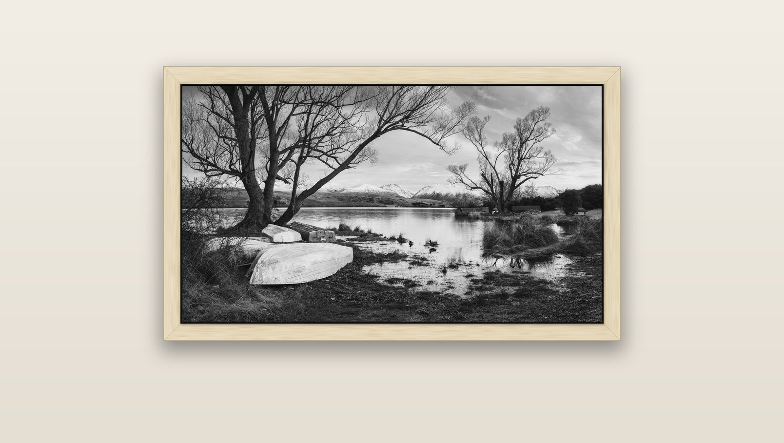 Nature's Window, Sunrise at Lake Alexandrina — natural float frame canvas, 91 × 51 cm. New Zealand fine art landscape wall art by Stephen Milner.