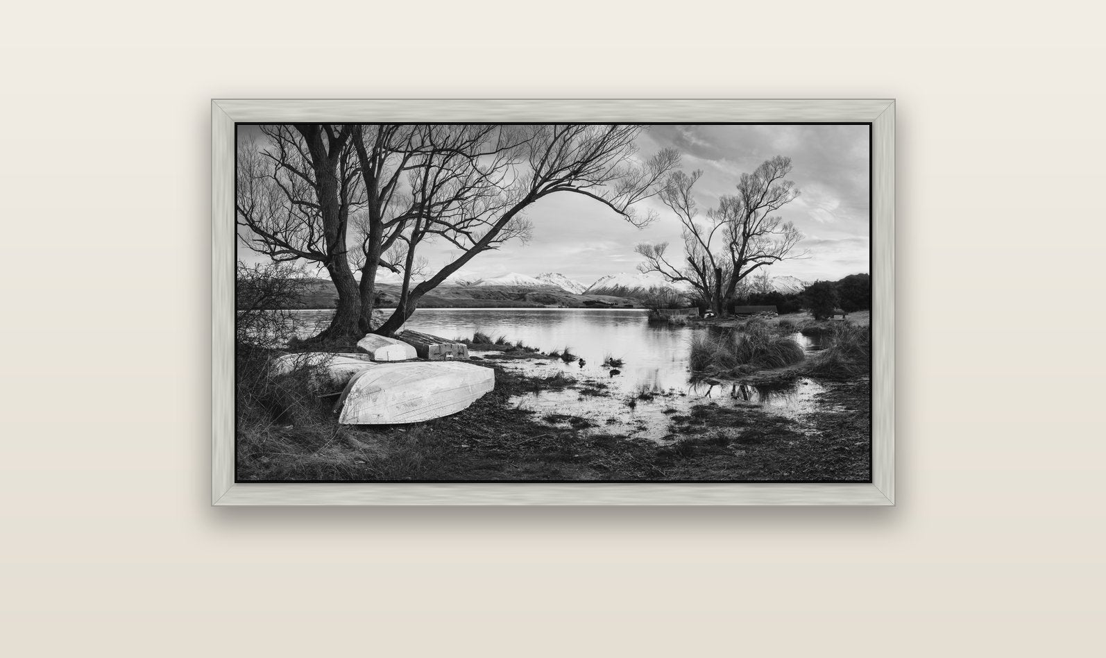 Nature's Window, Sunrise at Lake Alexandrina — silver float frame canvas, 102 × 56 cm. New Zealand fine art landscape wall art by Stephen Milner.