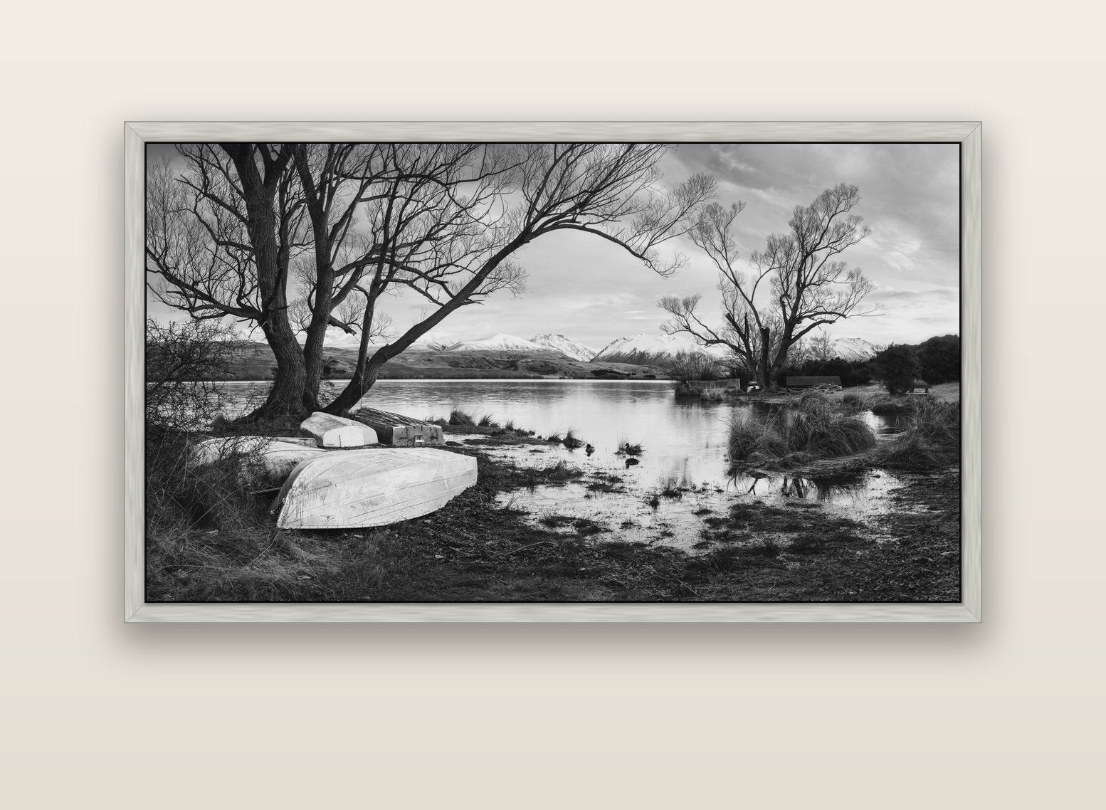 Nature's Window, Sunrise at Lake Alexandrina — silver float frame canvas, 152 × 86 cm. New Zealand fine art landscape wall art by Stephen Milner.