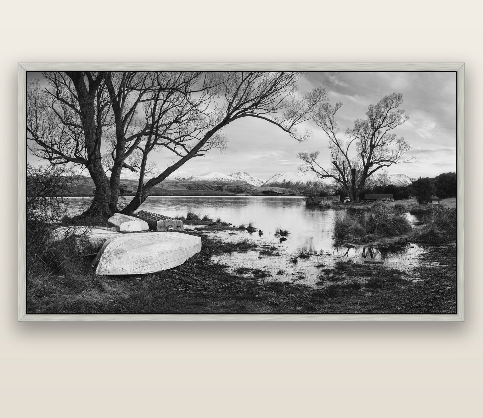 Nature's Window, Sunrise at Lake Alexandrina — silver float frame canvas, 200 × 130 cm. New Zealand fine art landscape wall art by Stephen Milner.