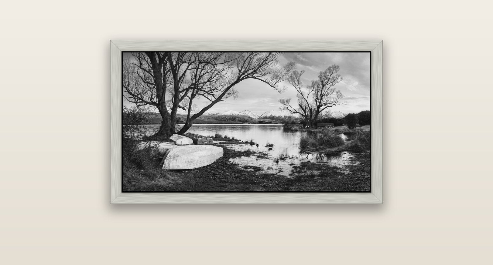 Nature's Window, Sunrise at Lake Alexandrina — silver float frame canvas, 81 × 46 cm. New Zealand fine art landscape wall art by Stephen Milner.
