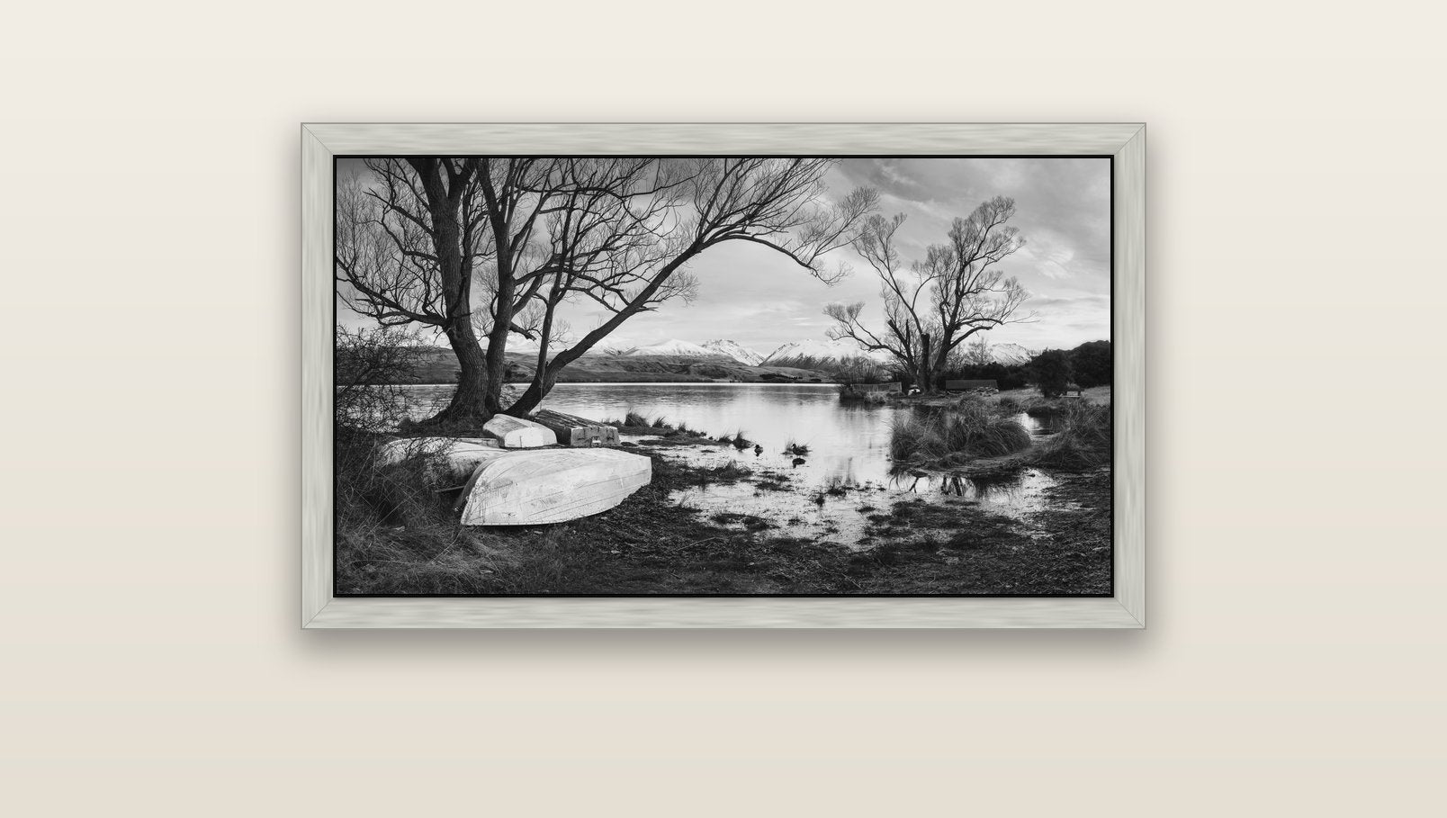 Nature's Window, Sunrise at Lake Alexandrina — silver float frame canvas, 91 × 51 cm. New Zealand fine art landscape wall art by Stephen Milner.