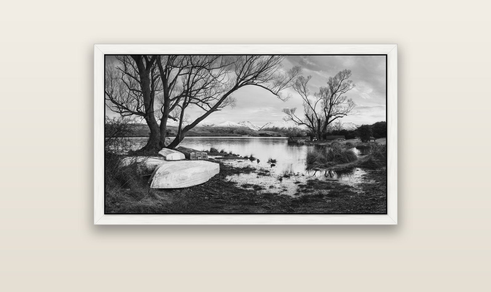 Nature's Window, Sunrise at Lake Alexandrina — white float frame canvas, 102 × 56 cm. New Zealand fine art landscape wall art by Stephen Milner.