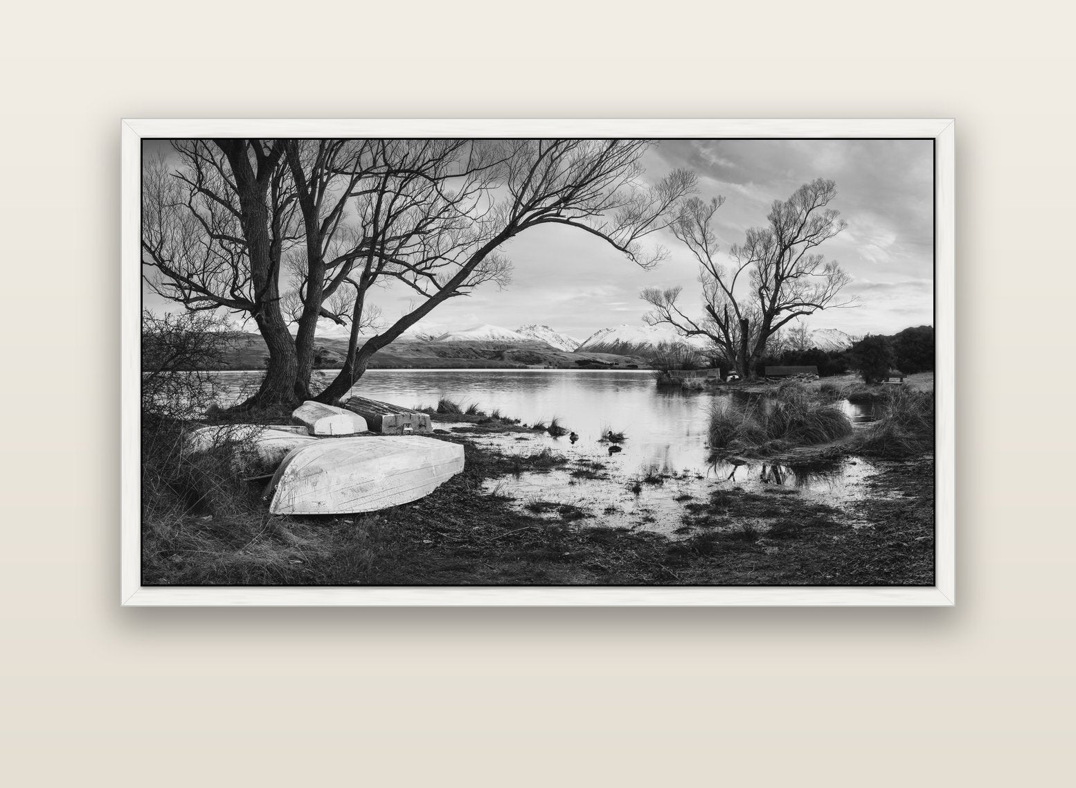 Nature's Window, Sunrise at Lake Alexandrina — white float frame canvas, 152 × 86 cm. New Zealand fine art landscape wall art by Stephen Milner.