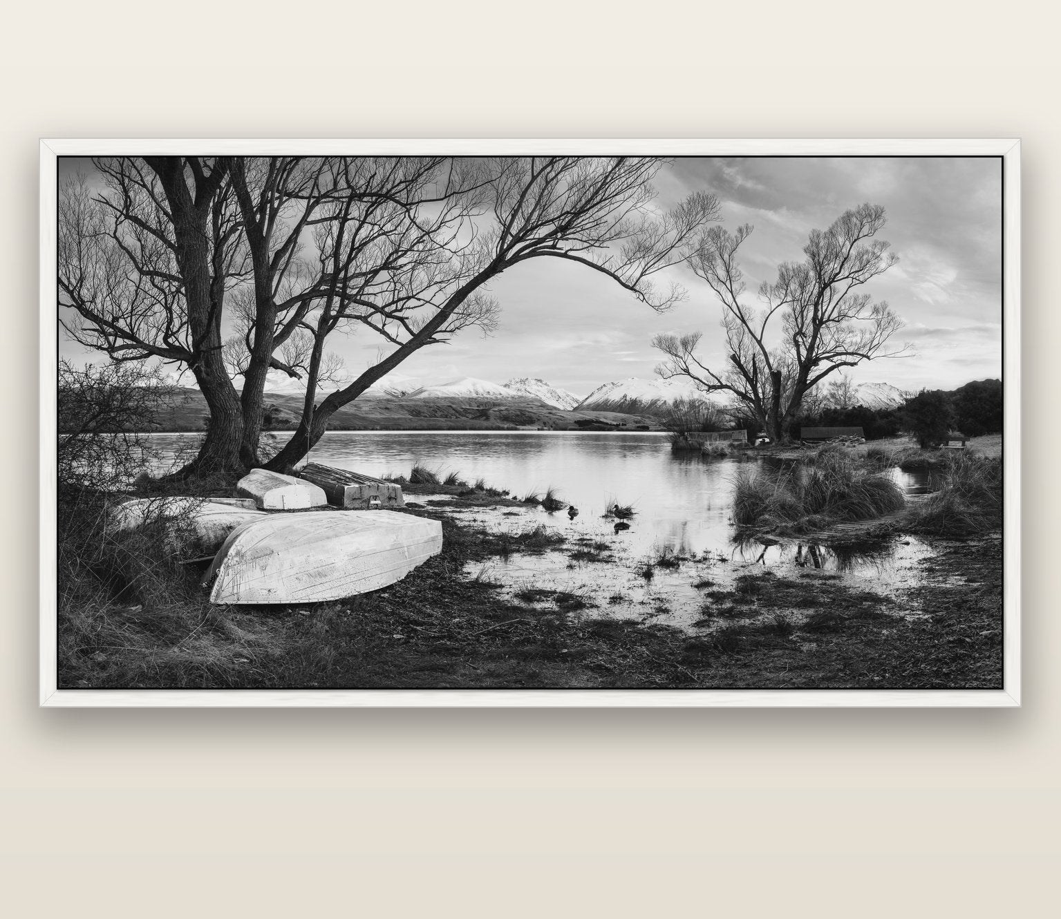 Nature's Window, Sunrise at Lake Alexandrina — white float frame canvas, 200 × 130 cm. New Zealand fine art landscape wall art by Stephen Milner.
