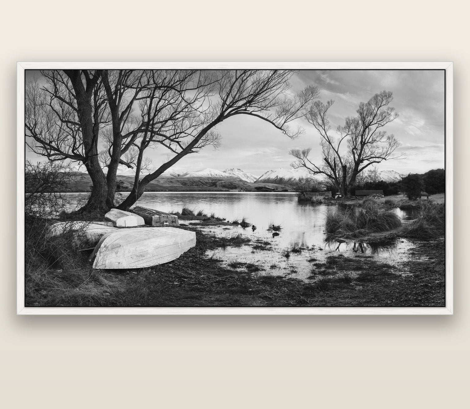 Nature's Window, Sunrise at Lake Alexandrina — white float frame canvas, 201 × 99 cm. New Zealand fine art landscape wall art by Stephen Milner.
