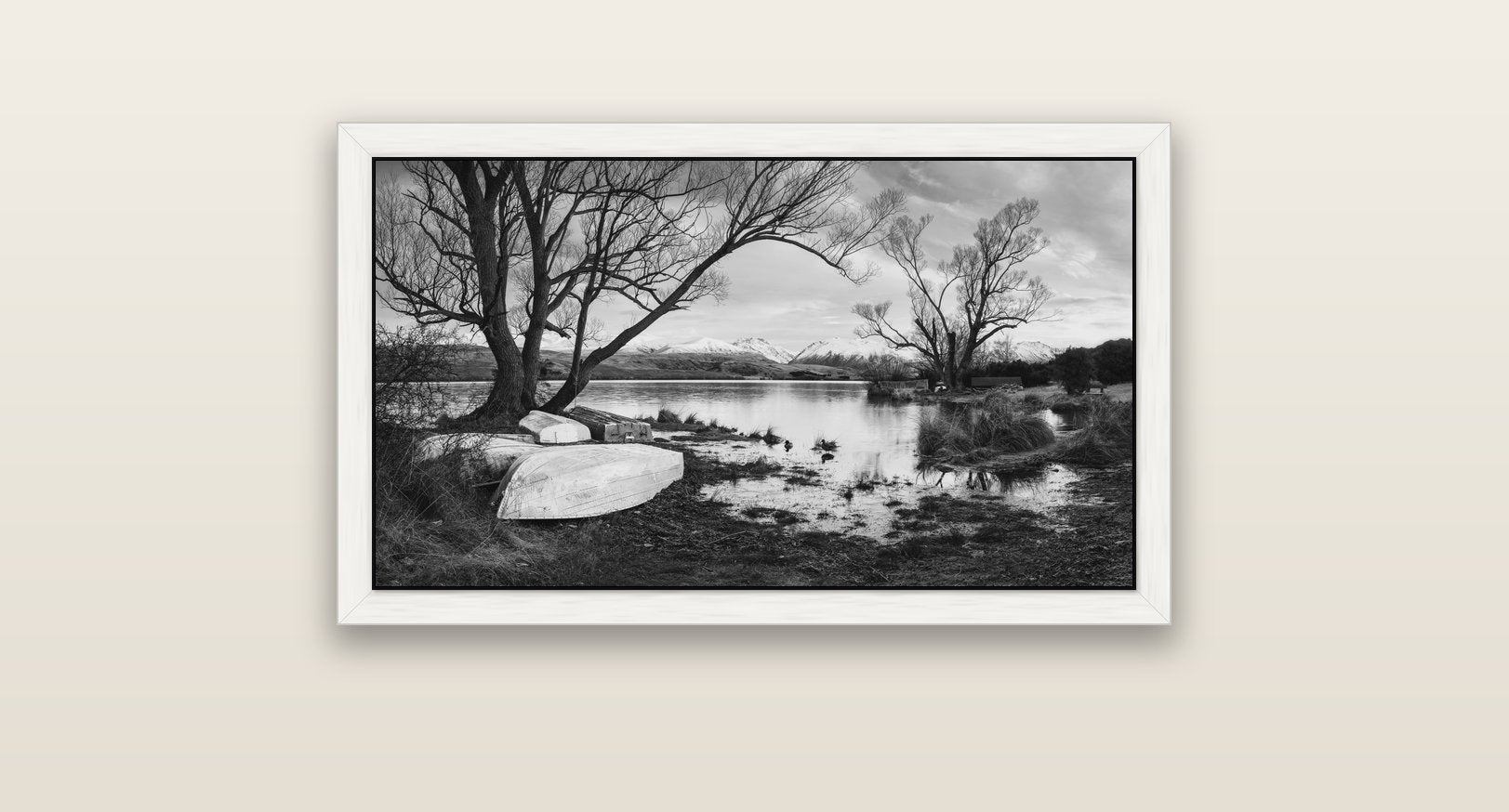 Nature's Window, Sunrise at Lake Alexandrina — white float frame canvas, 81 × 46 cm. New Zealand fine art landscape wall art by Stephen Milner.