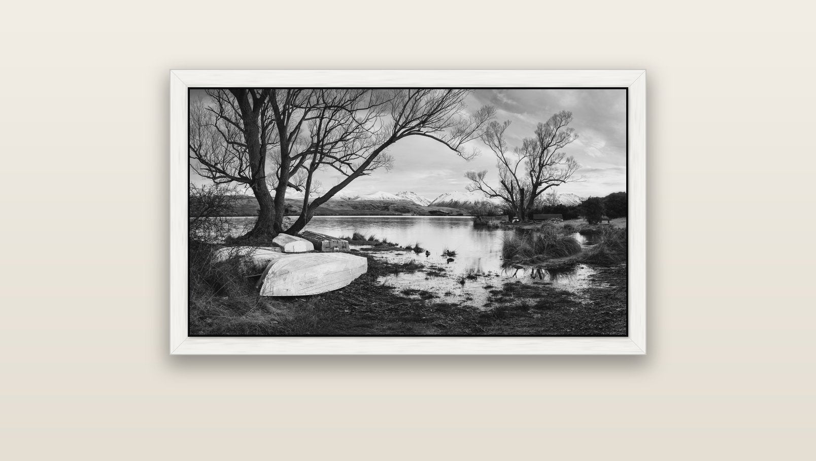 Nature's Window, Sunrise at Lake Alexandrina — white float frame canvas, 91 × 51 cm. New Zealand fine art landscape wall art by Stephen Milner.