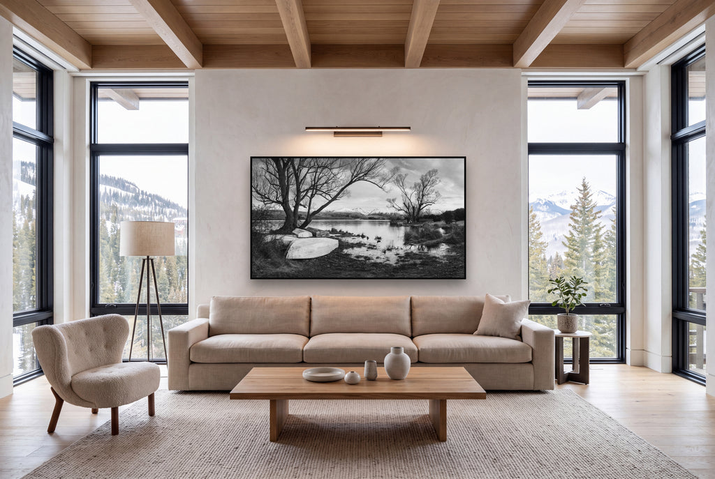 Nature's Window, Sunrise at Lake Alexandrina shown as large black and white wall art in a styled room, fine art by Stephen Milner.