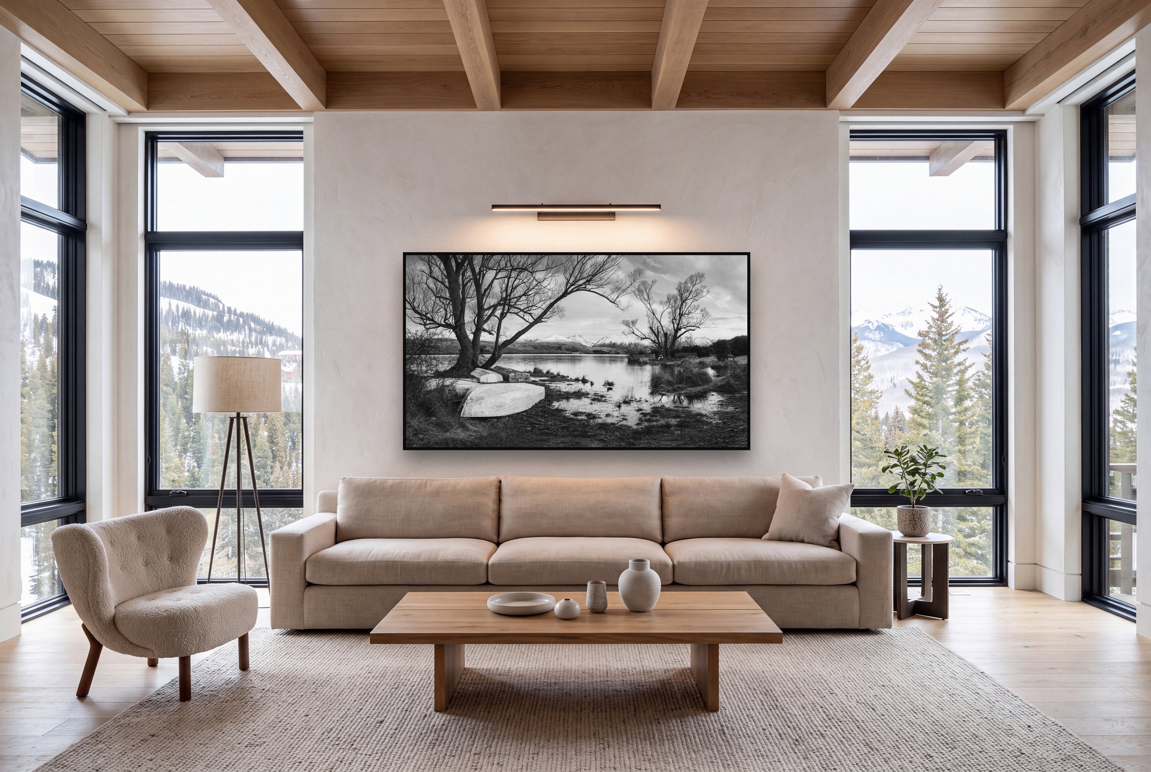 Nature's Window, Sunrise at Lake Alexandrina shown as large black and white wall art in a styled room, fine art by Stephen Milner.