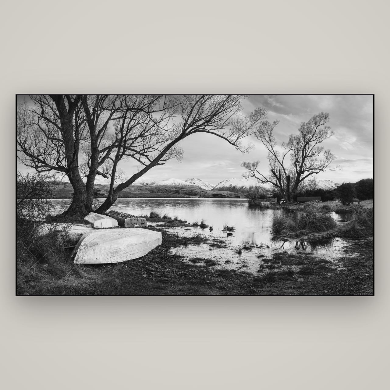 Nature's Window, Sunrise at Lake Alexandrina — Slimline Black, 196×110 cm. New Zealand fine art wall art by Stephen Milner.