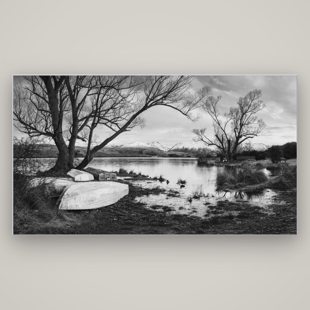 Nature's Window, Sunrise at Lake Alexandrina — Slimline Silver, 196×110 cm. New Zealand fine art wall art by Stephen Milner.