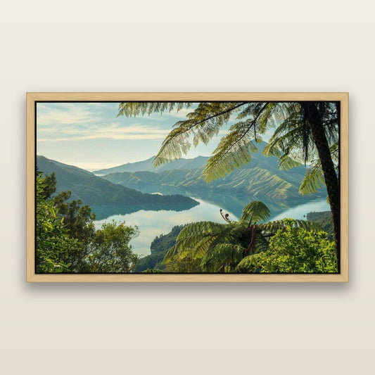 Nature's Window to Devils Staircase, Marlborough Sounds — framed metallic canvas print, Natural frame. New Zealand fine art landscape wall art by Stephen Milner.