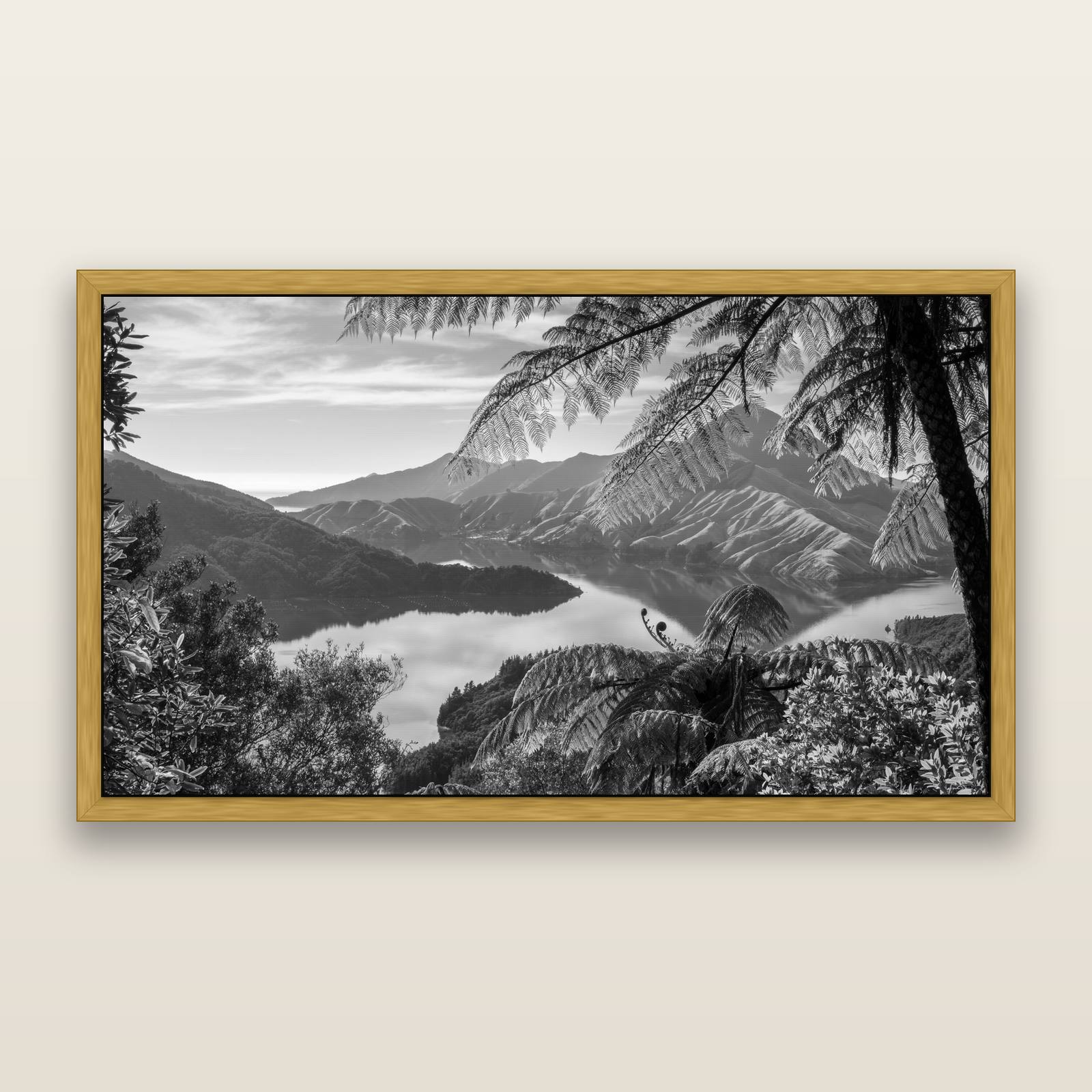Nature's Window to Devils Staircase, Marlborough Sounds, black and white framed metallic canvas print, Antique Gold frame. New Zealand fine art wall art by Stephen Milner.