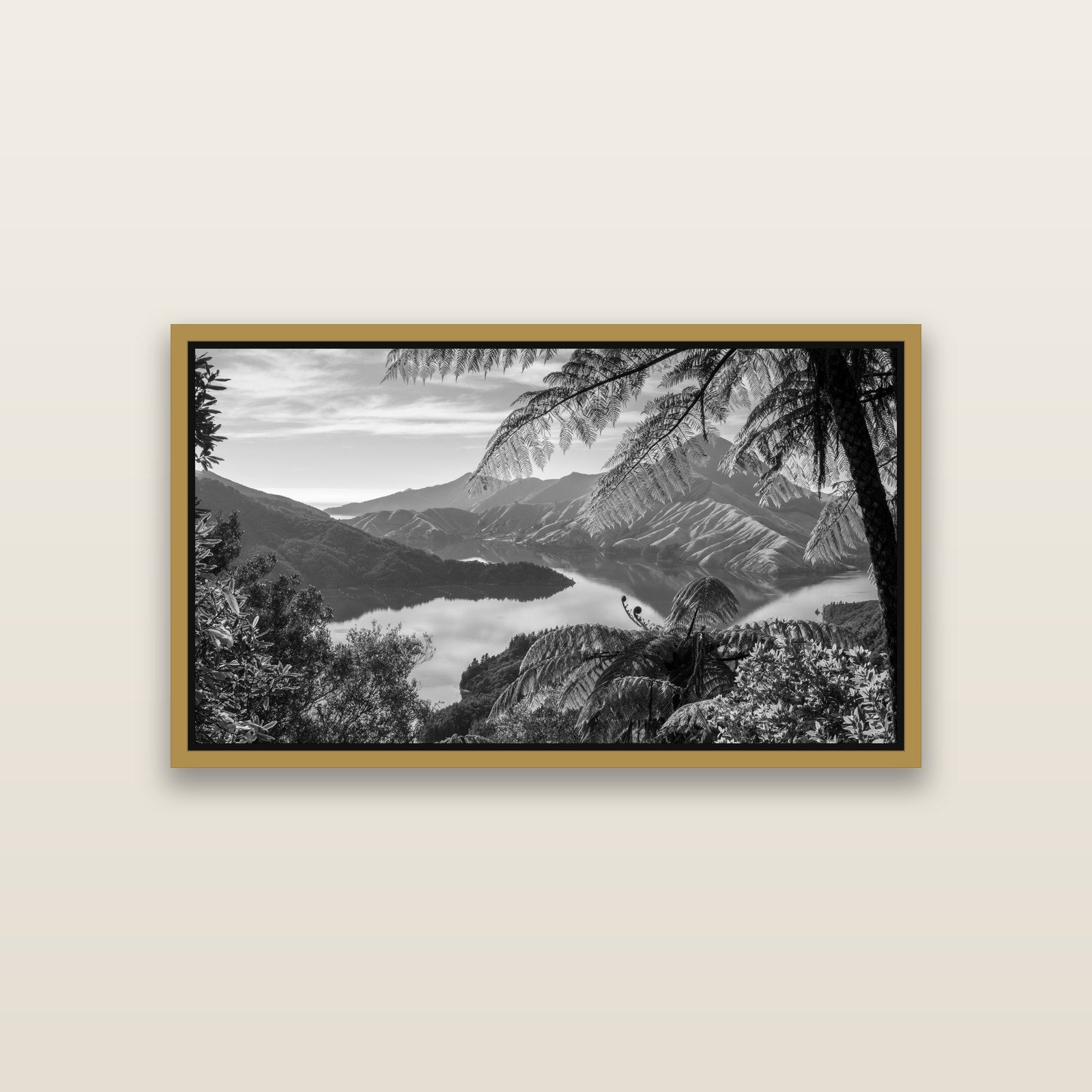 Nature's Window to Devils Staircase, Marlborough Sounds — Antique Gold framed metallic canvas print, small 81 × 46 cm. New Zealand fine art landscape wall art by Stephen Milner.