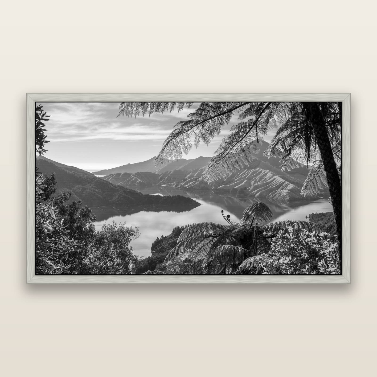 Nature's Window to Devils Staircase, Marlborough Sounds, black and white framed metallic canvas print, Antique Silver frame. New Zealand fine art wall art by Stephen Milner.