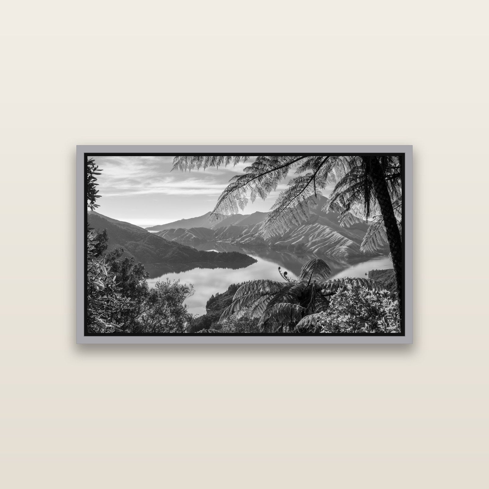 Nature's Window to Devils Staircase, Marlborough Sounds — Antique Silver framed metallic canvas print, small 81 × 46 cm. New Zealand fine art landscape wall art by Stephen Milner.