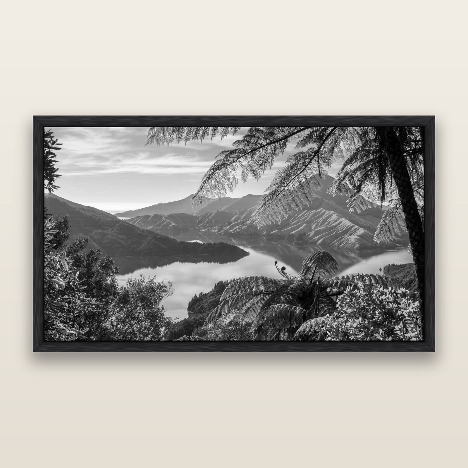 Nature's Window to Devils Staircase, Marlborough Sounds, black and white framed metallic canvas print, Black frame. New Zealand fine art wall art by Stephen Milner.