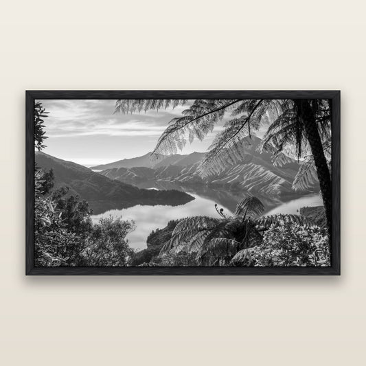 Nature's Window to Devils Staircase, Marlborough Sounds — black and white framed metallic canvas print, Black frame. New Zealand fine art wall art by Stephen Milner.
