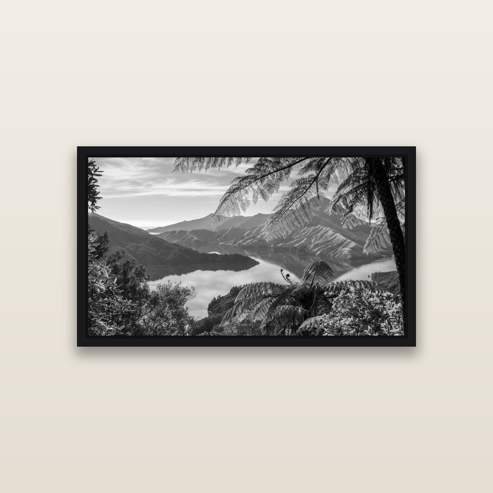 Nature's Window to Devils Staircase, Marlborough Sounds — Black framed metallic canvas print, small 81 × 46 cm. New Zealand fine art landscape wall art by Stephen Milner.