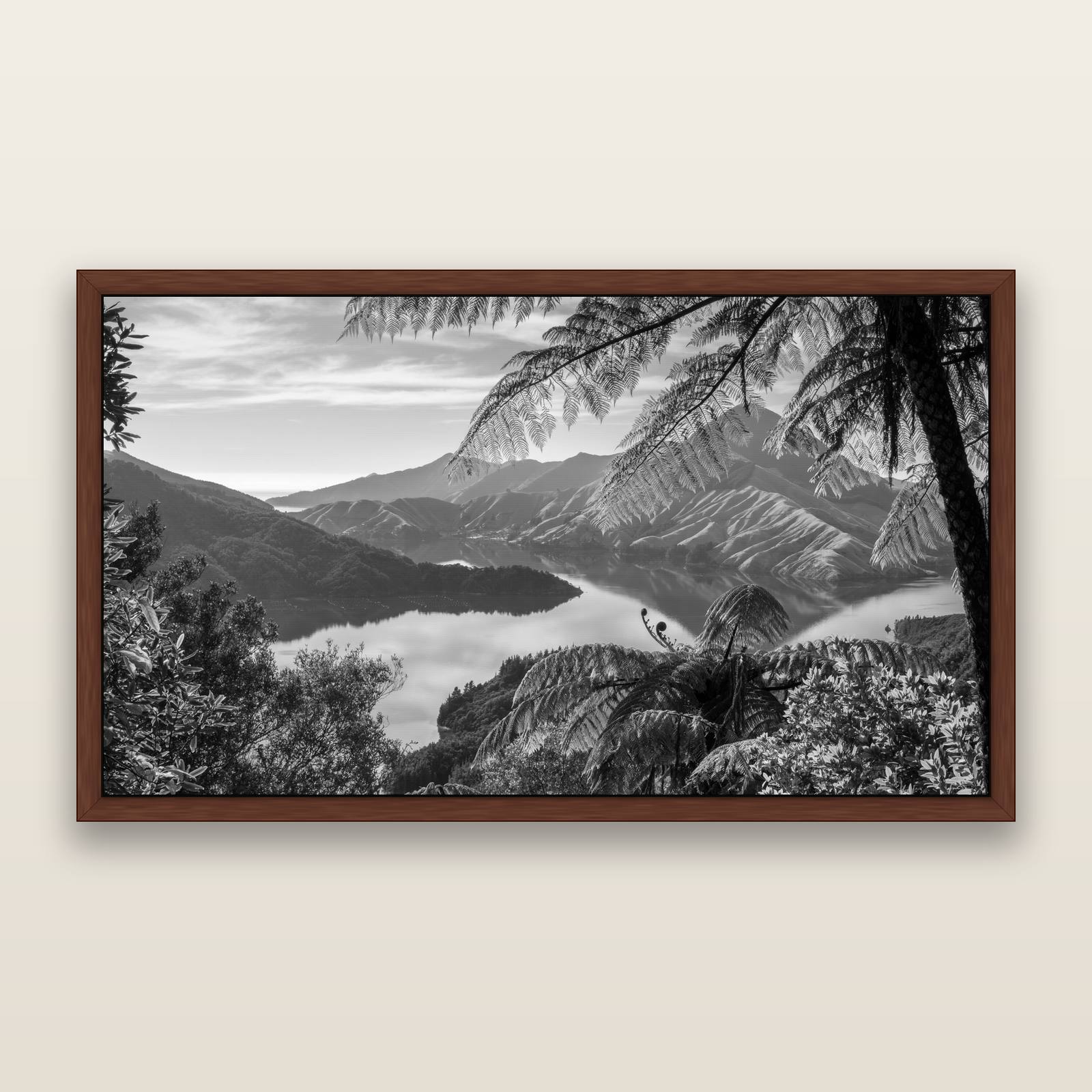 Nature's Window to Devils Staircase, Marlborough Sounds, black and white framed metallic canvas print, Brown frame. New Zealand fine art wall art by Stephen Milner.