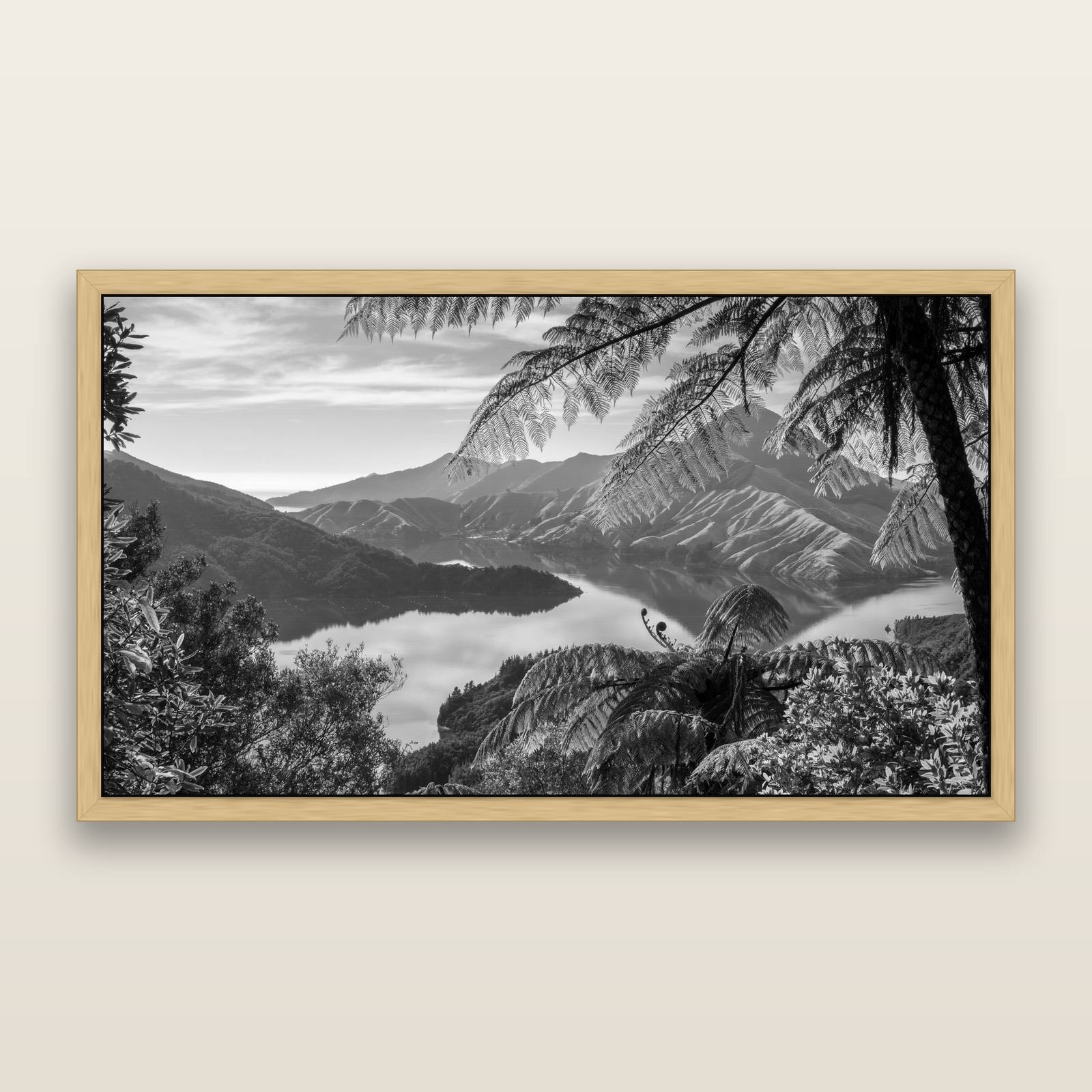 Nature's Window to Devils Staircase, Marlborough Sounds, black and white framed metallic canvas print, Natural frame. New Zealand fine art wall art by Stephen Milner.